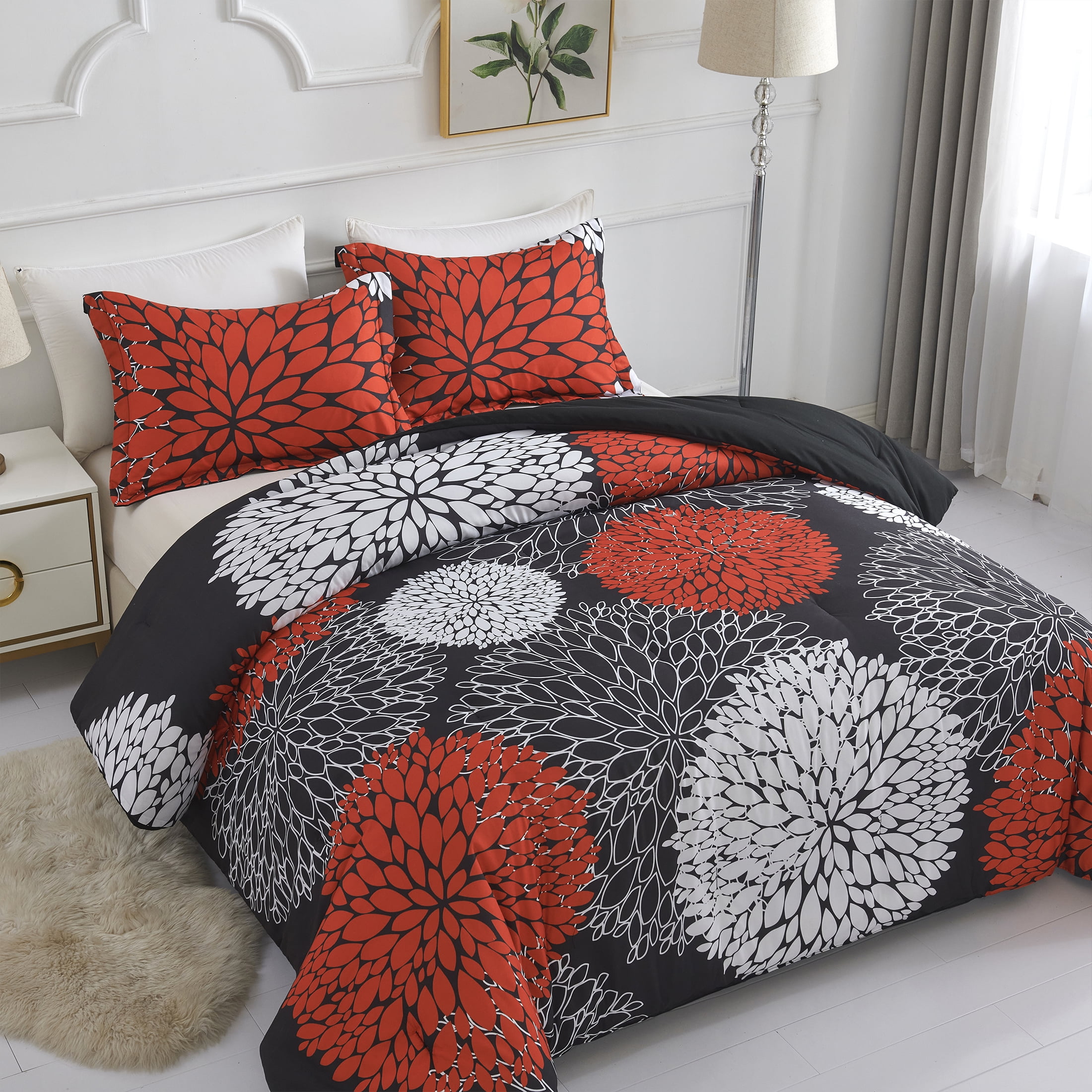 Koniroom Red and Black Floral Comforter Set Queen Size, Modern Bedding for Women
