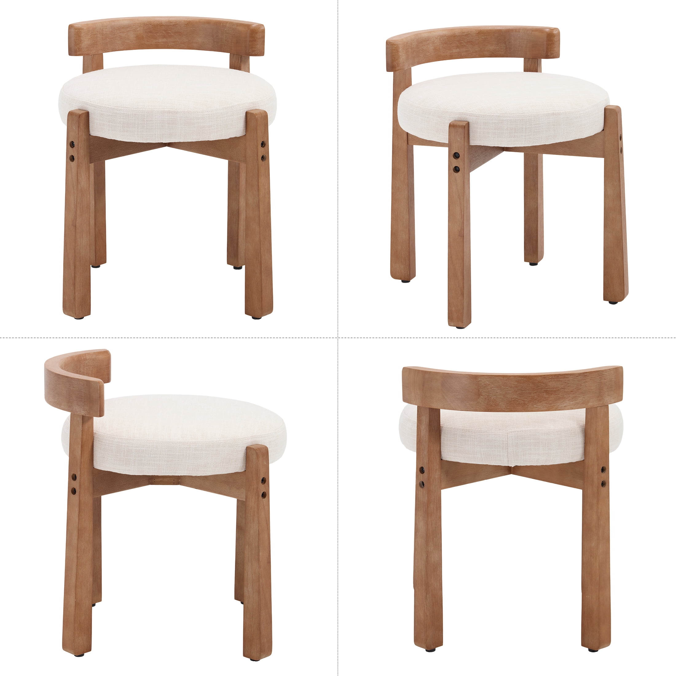 Guyou Wooden Vanity Chair Set of 2, Modern Linen Upholstered Small Ottoman Footstool, Lovely Round Makeup Stool for Bedroom Living Room Makeup Room, Beige