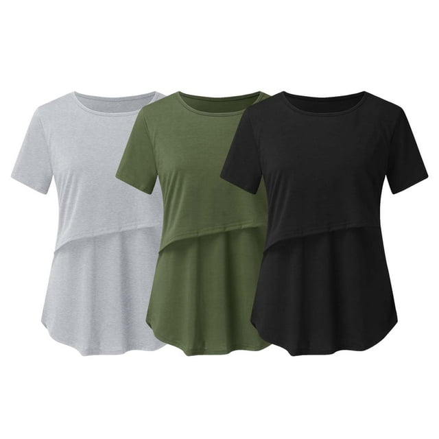 DPTALR Pregnant Pregnancy Nursing Short Sleeve Tops Solid Color Round Neck Breastfeeding Blouse