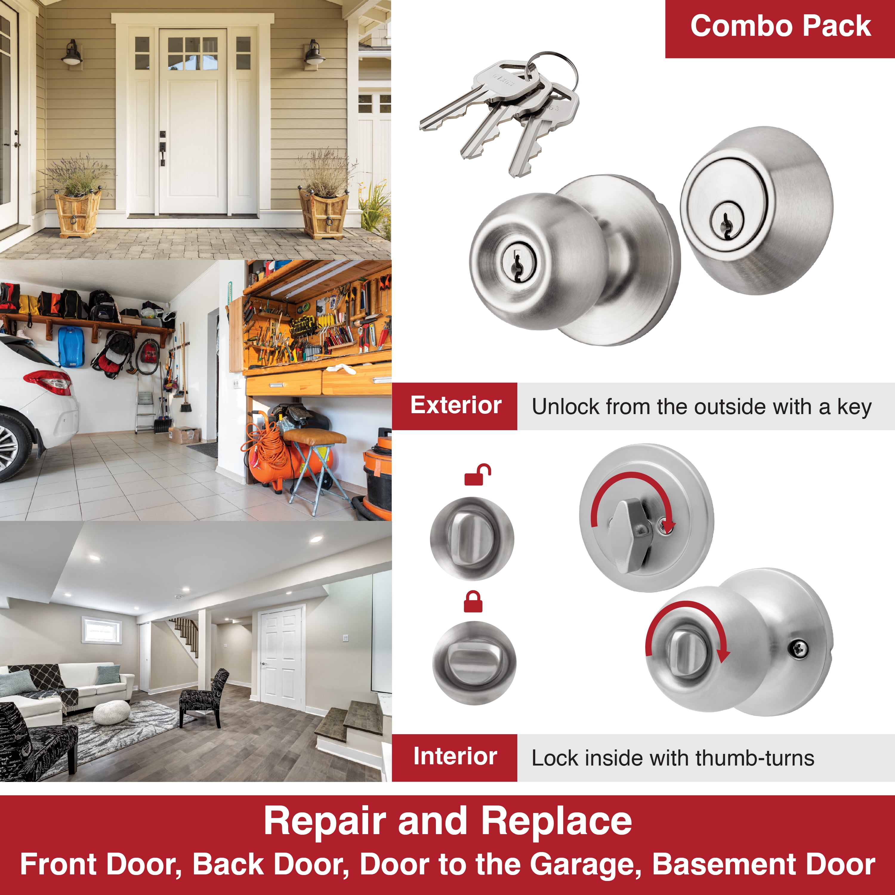 (2 pack) Hyper Tough Keyed Entry Ball Doorknob Lock and Single Cylinder Deadbolt Stainless Steel Finish Combo Pack
