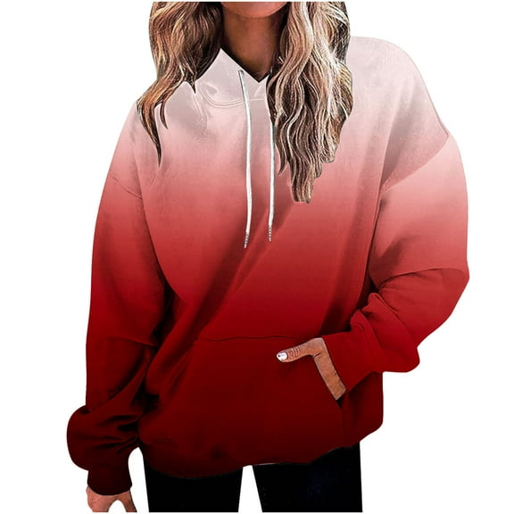 UAMVSH Womens Hoodies Fall Trendy Gradient Color Drawstring Hooded Pullover with Pockets Loose Fit Casual Basic Sweatshirt Tops(X-Large,Red 1)