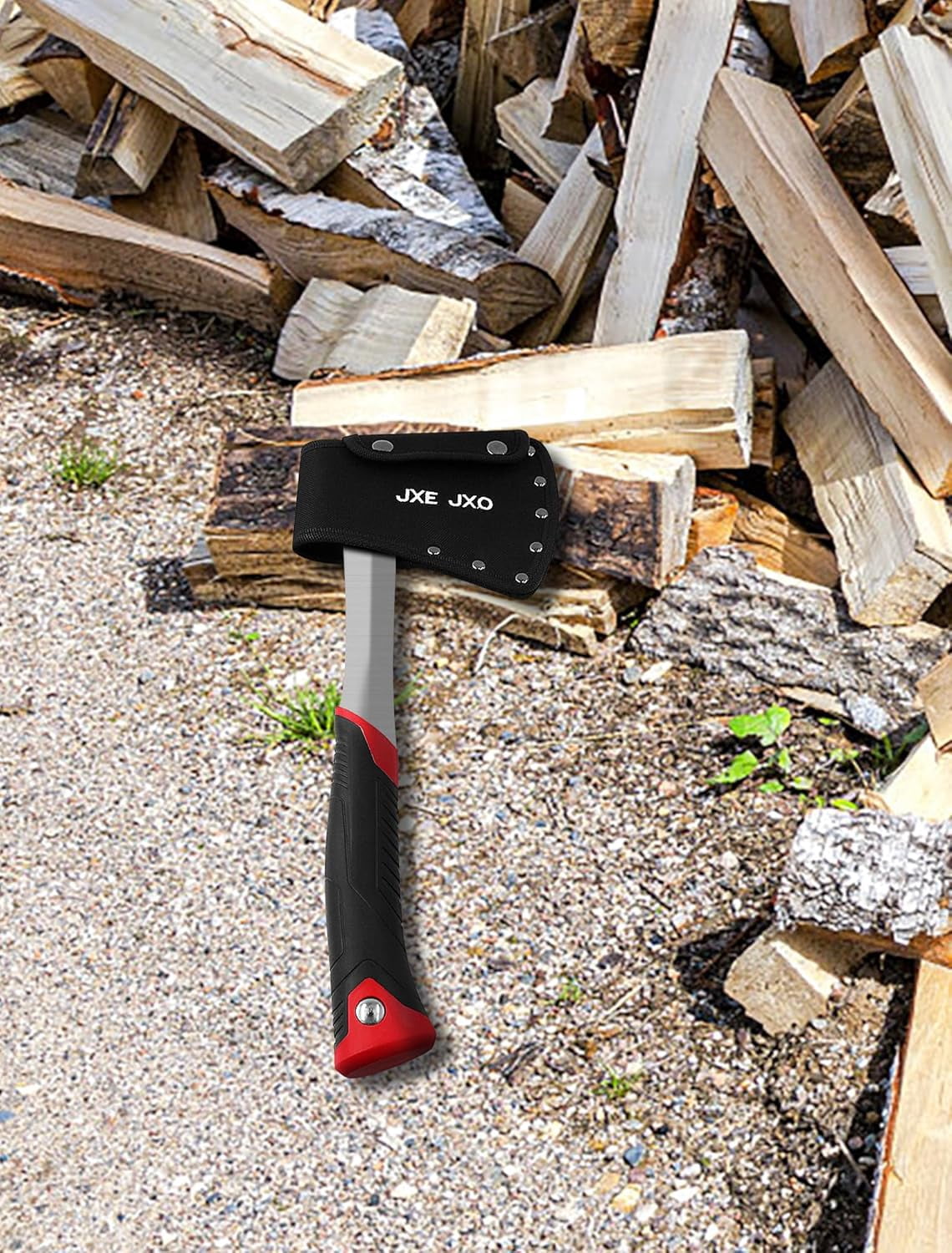 JXE JXO 14.4" Camping Hatchet with Full Tang Forged Steel Head and Shock-Absorbing Grip, Includes Durable Nylon Sheath, Red Handle