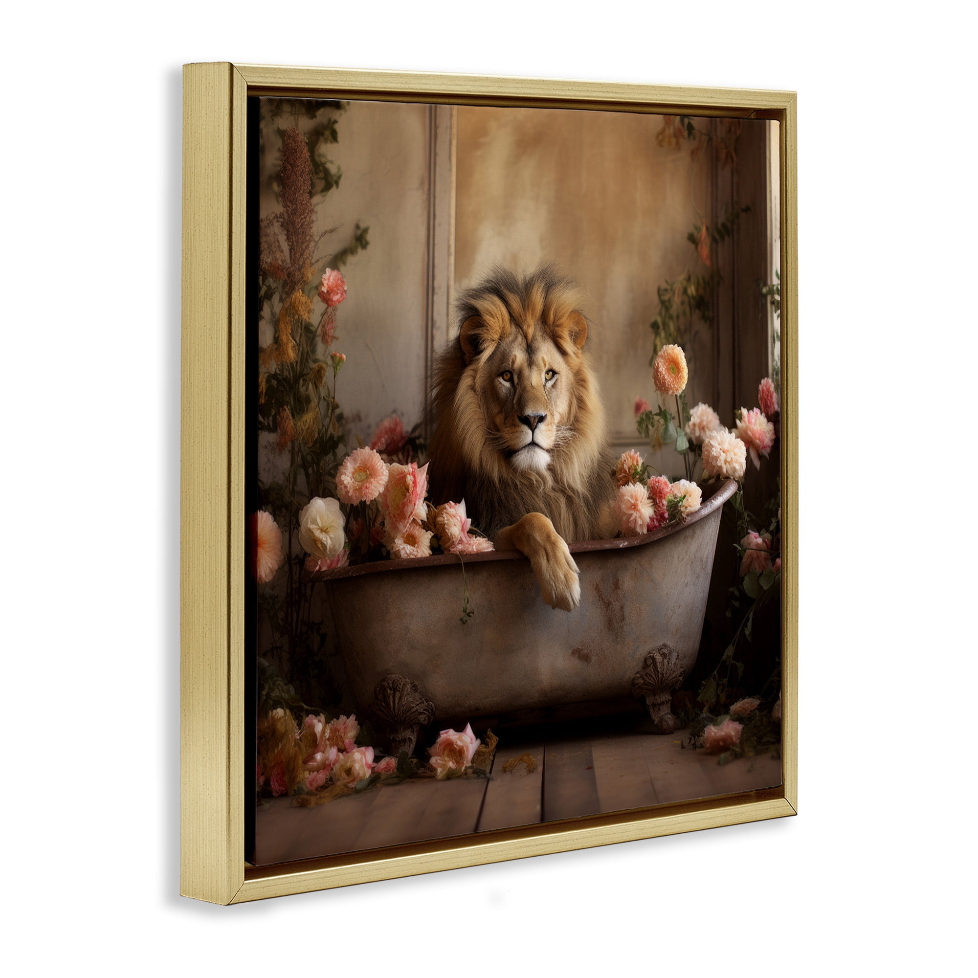 Stupell Industries Lion in Flower Filled Tub Animals & Insects Painting Gold Floater Framed Canvas Art Print Wall Art, 25 x 25