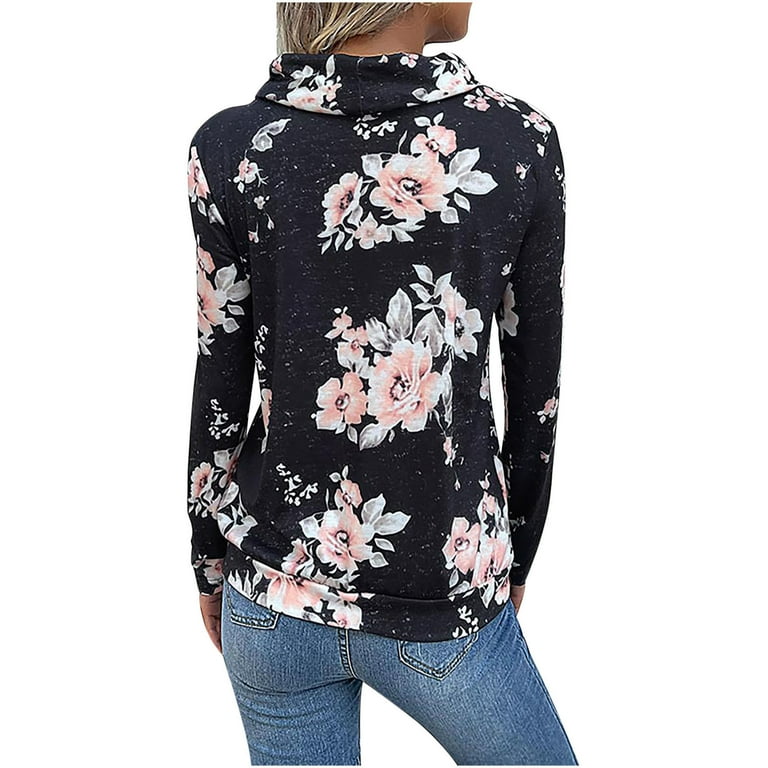 RQYYD Women's Floral Print Hoodie, Long Sleeve Cowl Neck