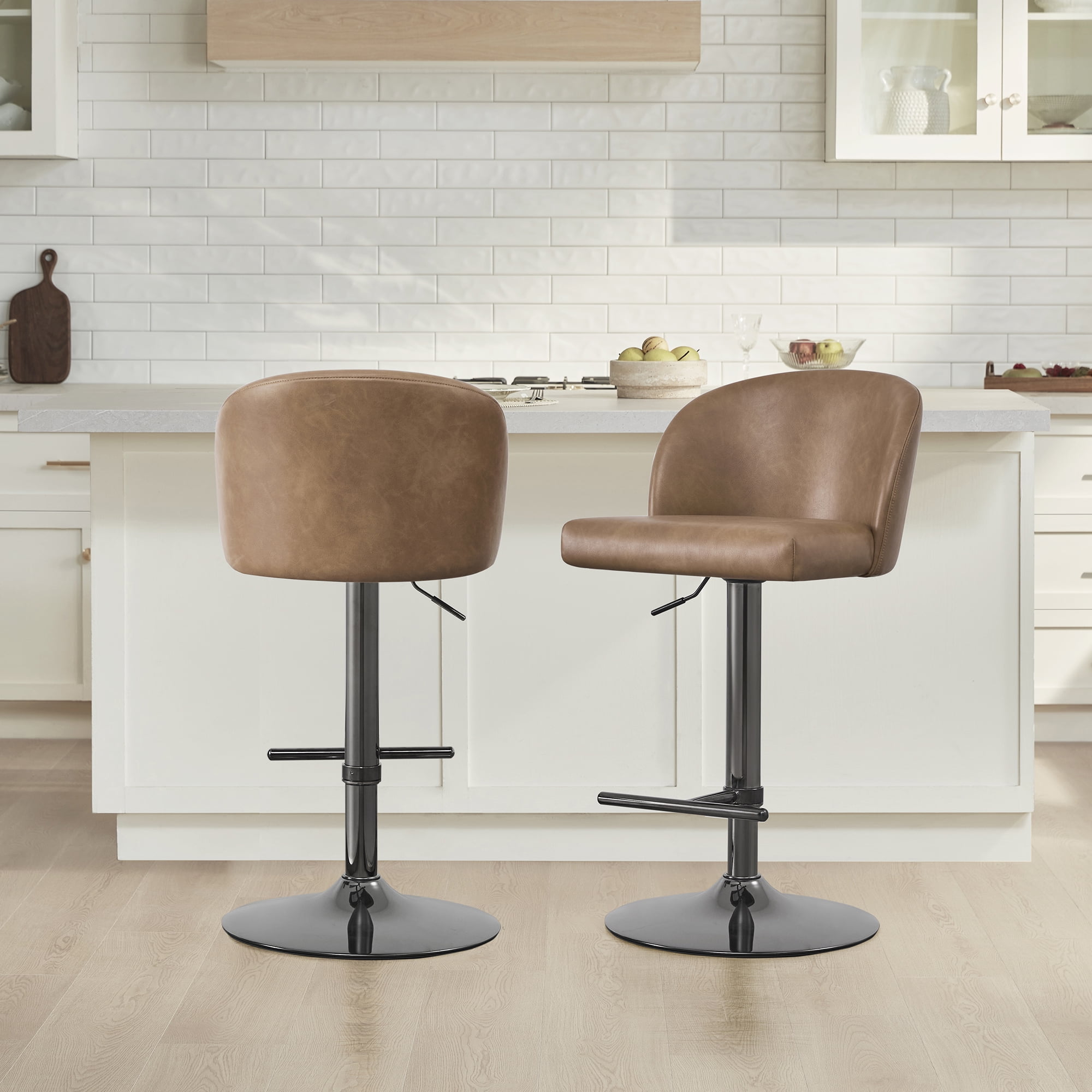 Spruce & Spring Modern Adjustable Swivel Bar Stool with Air-Lift Set of 3, Cognac with Sleek Black Frame