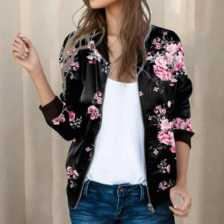 Womens Fall Jackets Trendy Black Fall Jacket Women Womens Casual Daily Jackets Lightweight Zip Up Casual Jacket Floral Print Coat Stand Collar Short Sports Outwear Zipper Tops Walmart