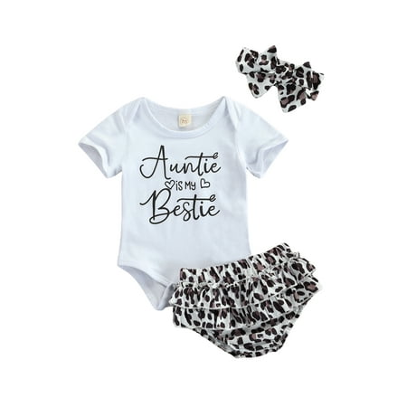 

jaweiw Baby Girls 3Pcs Summer Outfits Set Short Sleeve Letter Print Romper + Leopard Bloomers + Headband