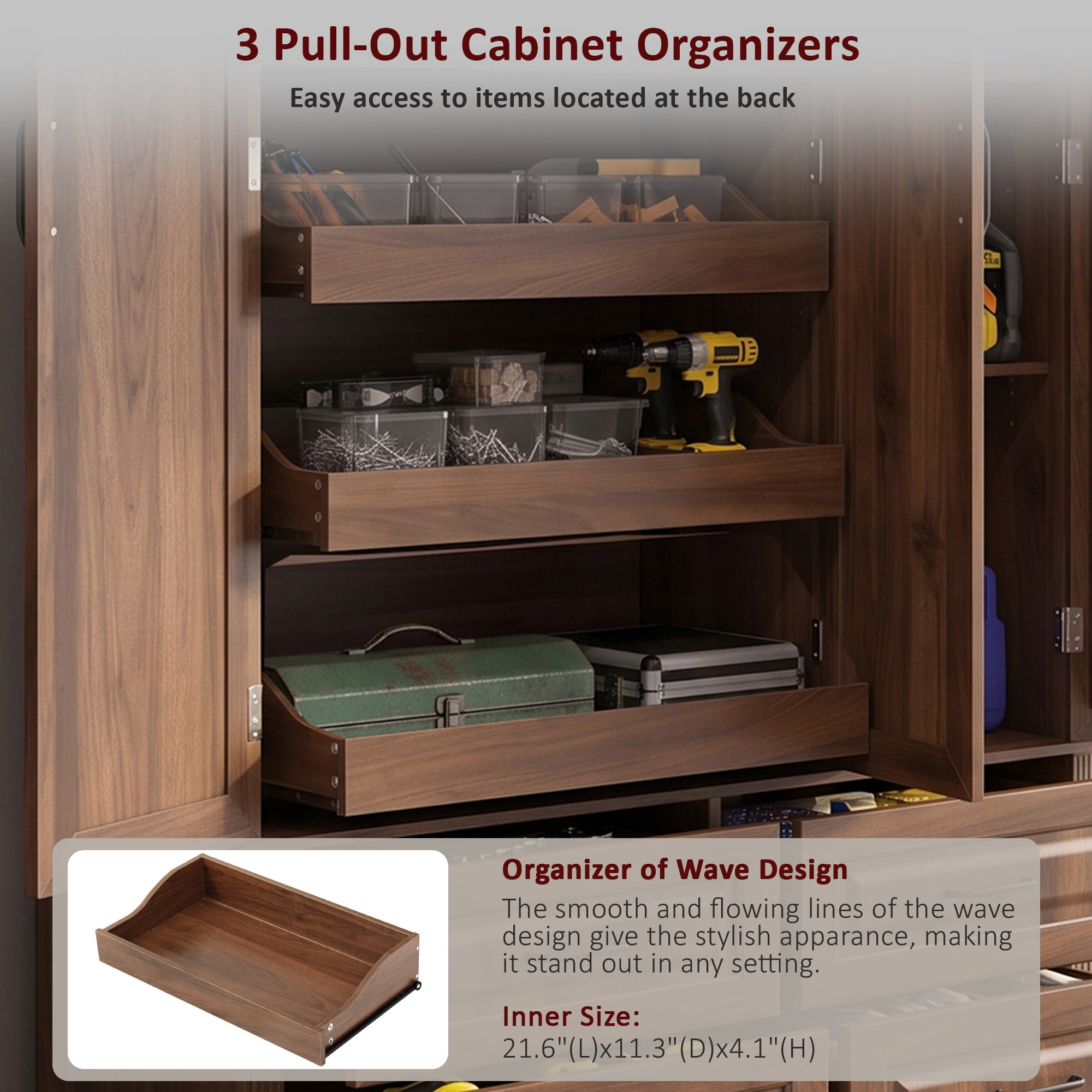 GARITIN 72 Inch Kitchen Pantry Cabinet with 3 Pull Out Trays, Farmhouse Embossed Wood Grain Storage Cabinet with 5 Door Racks, Freestanding Cupboard for Kitchen Dining Room, Walnut Brown
