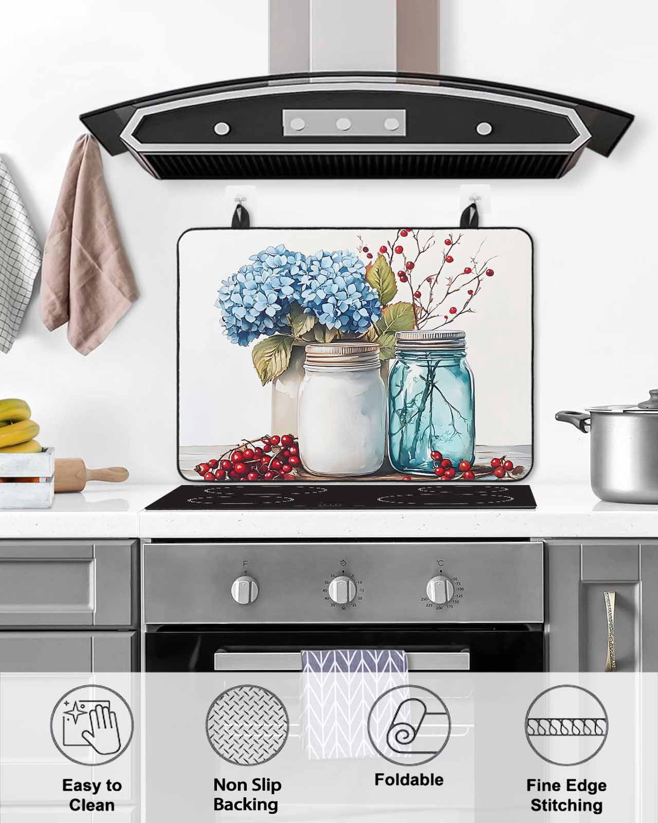 nqOlkjepod Large Induction Cooktop Protector Mat 31"x24", Spring Botanical Stove Top Covers for Electric Stove, Blue Floral Vase Watercolor Decorative Stove Burner Cover Mats, Glass Top Stove Cover