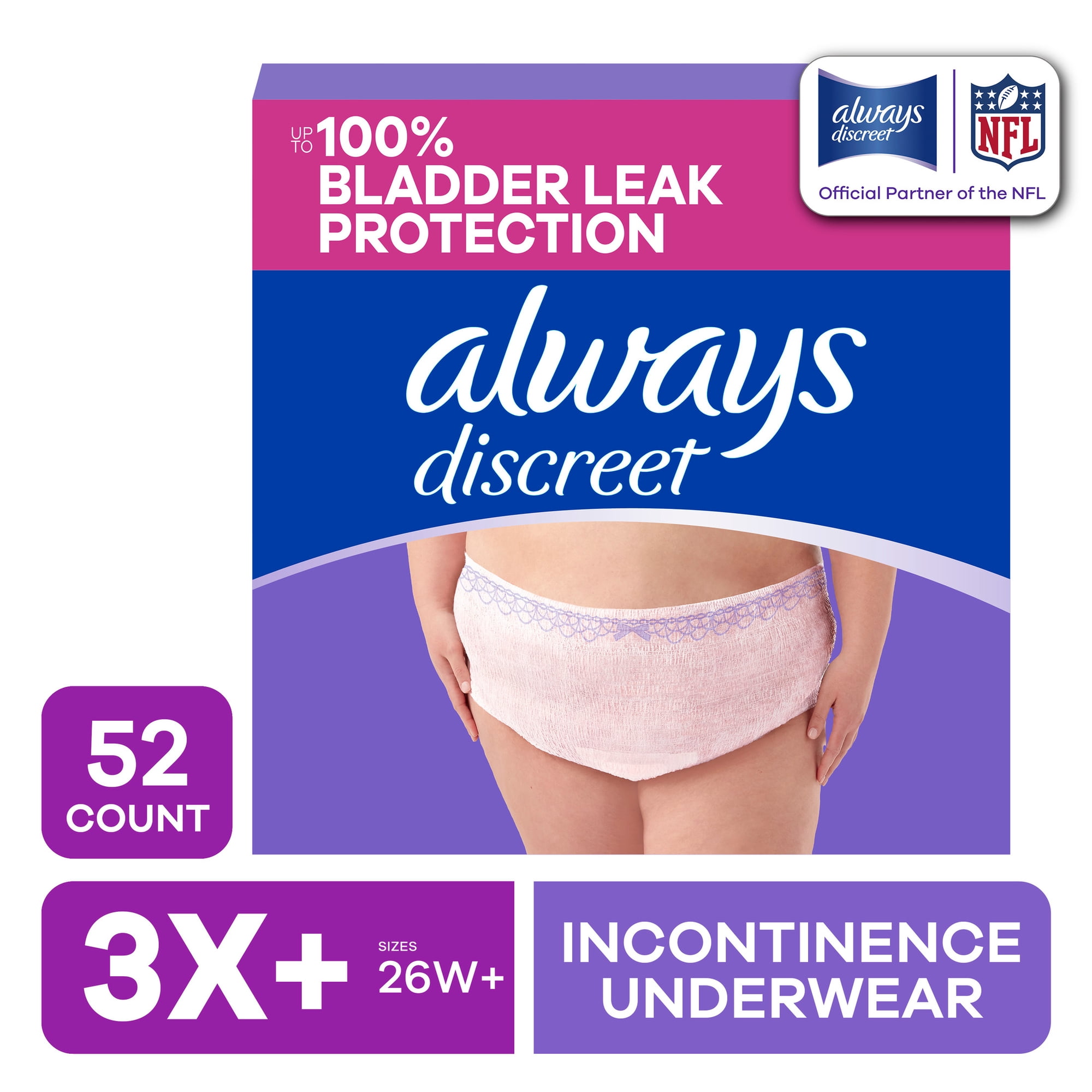 Always Discreet, Adult Diapers for Women, Maximum Incontinence and Postpartum Underwear 3X+, 52 CT