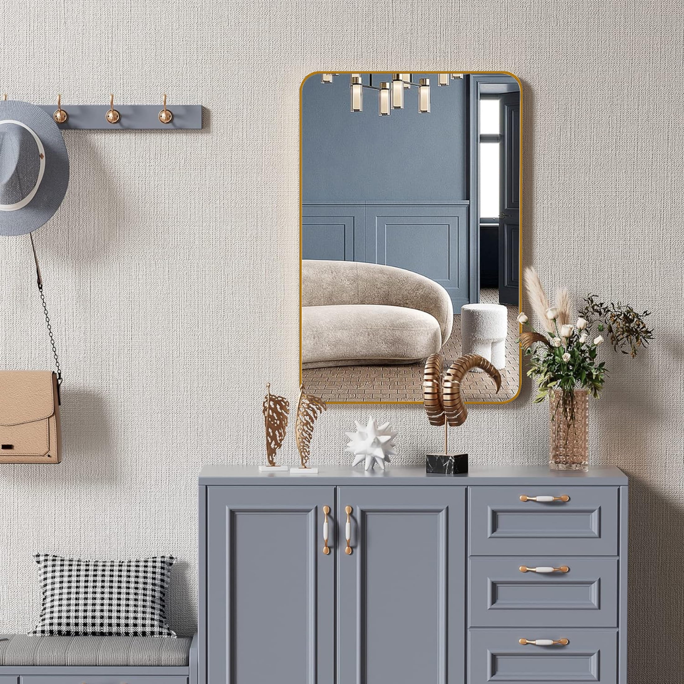 Noble House 24"x36" Rectangular Bathroom Wall Mirror, Aluminum Alloy Frame, HD Shatterproof Glass, Gold