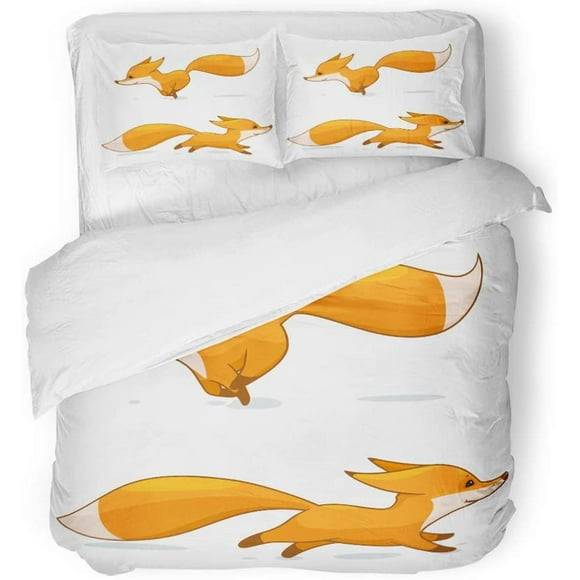 RYLABLUE 3 Piece Bedding Set Orange Cute Cartoon Red Fox Character White Yellow Funny Running Activity Twin Size Duvet Cover with 2 Pillowcase for Home Bedding Room Decoration