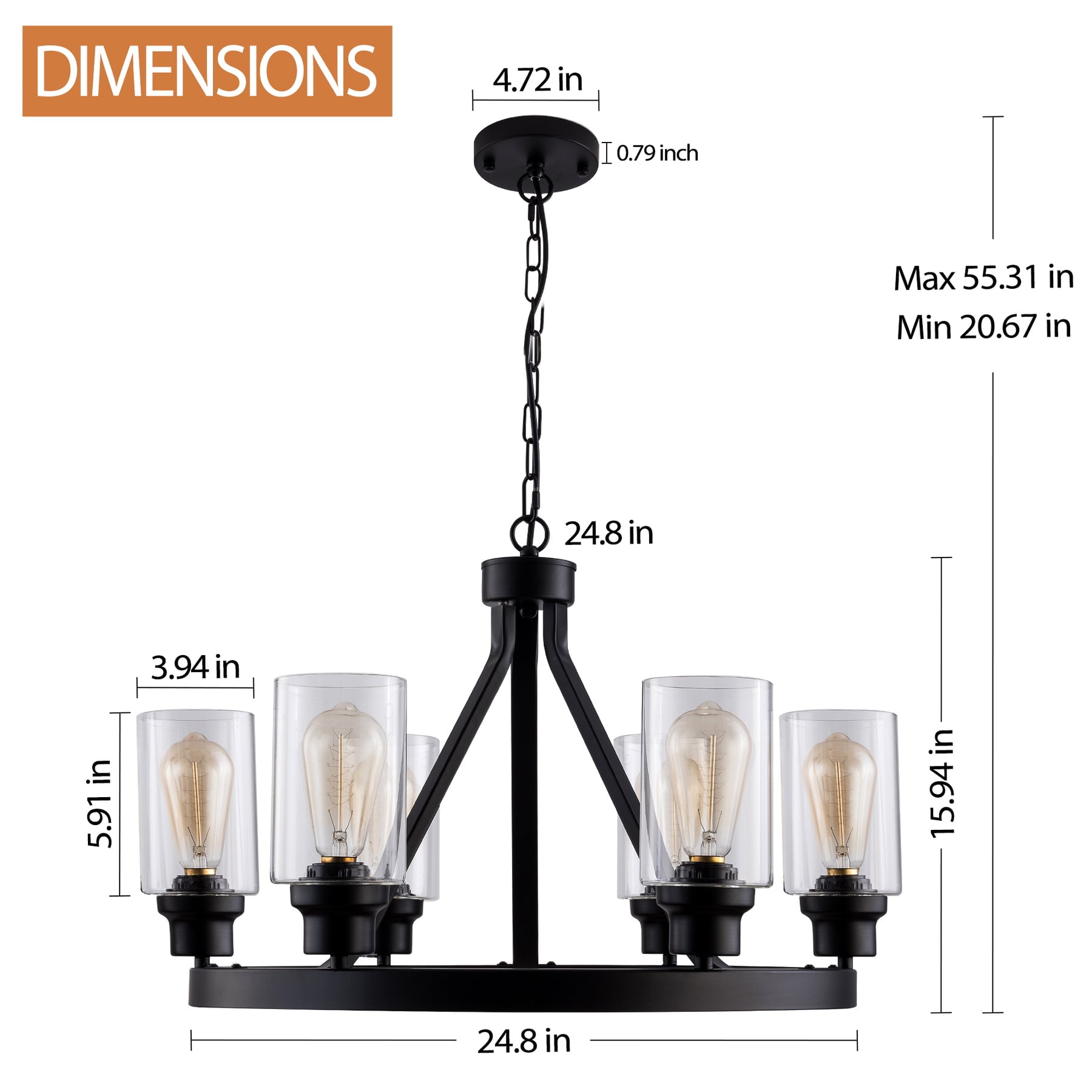 UHG 6-Light Black Wheel Chandelier with Glass Shade, Farmhouse Flush Mount Ceiling Light Fixture for Dining&Living Room Entryway, Vintage Metal Pendant Lighting for Bedroom Hallway Kitchen