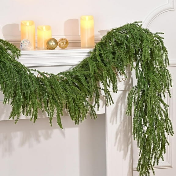Guvpev 2Pcs Christmas Artificial Norfolk Pine Garland, 6FT Realistic Christmas Cedar Garland, Winter Greenery Garlands Indoor/Outdoor Decorations for Mantel, Front Door, Fireplace, Table, Stairs