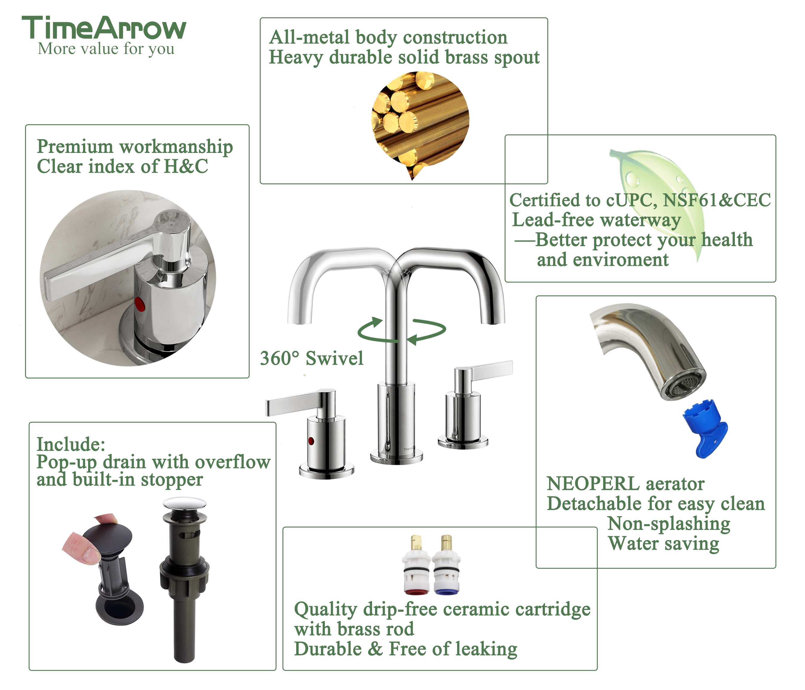TimeArrow Chrome Widespread Bathroom Faucet Lavatory Vanity Faucet for 3 Holes with Pop up Drain and 360° Swivel Brass Spout, TAF288S-CP