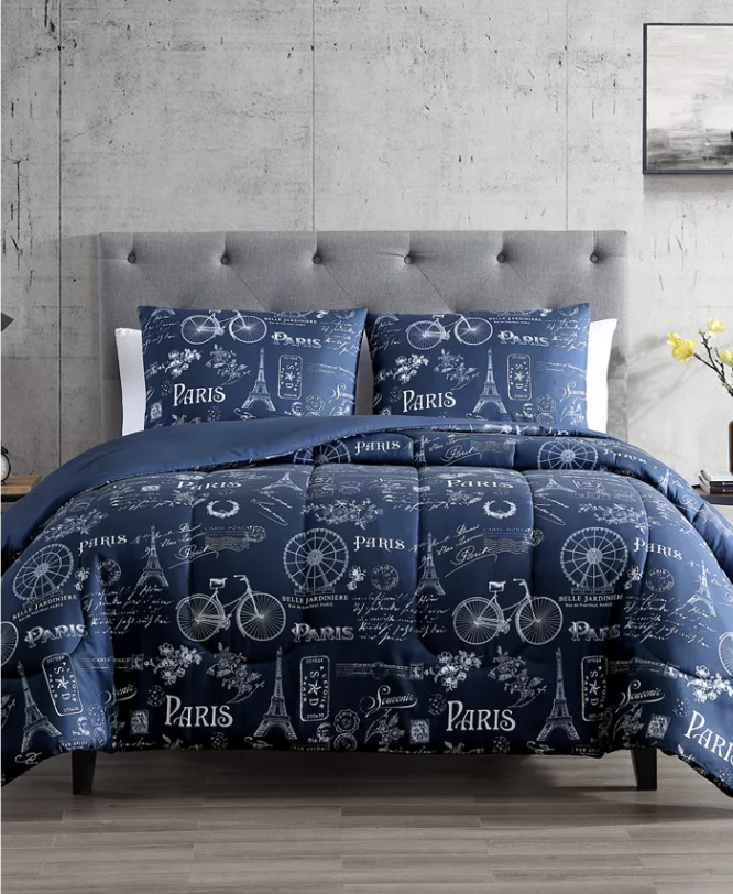 Paris Eiffel Tower & French Script Navy Blue & White TWIN Comforter