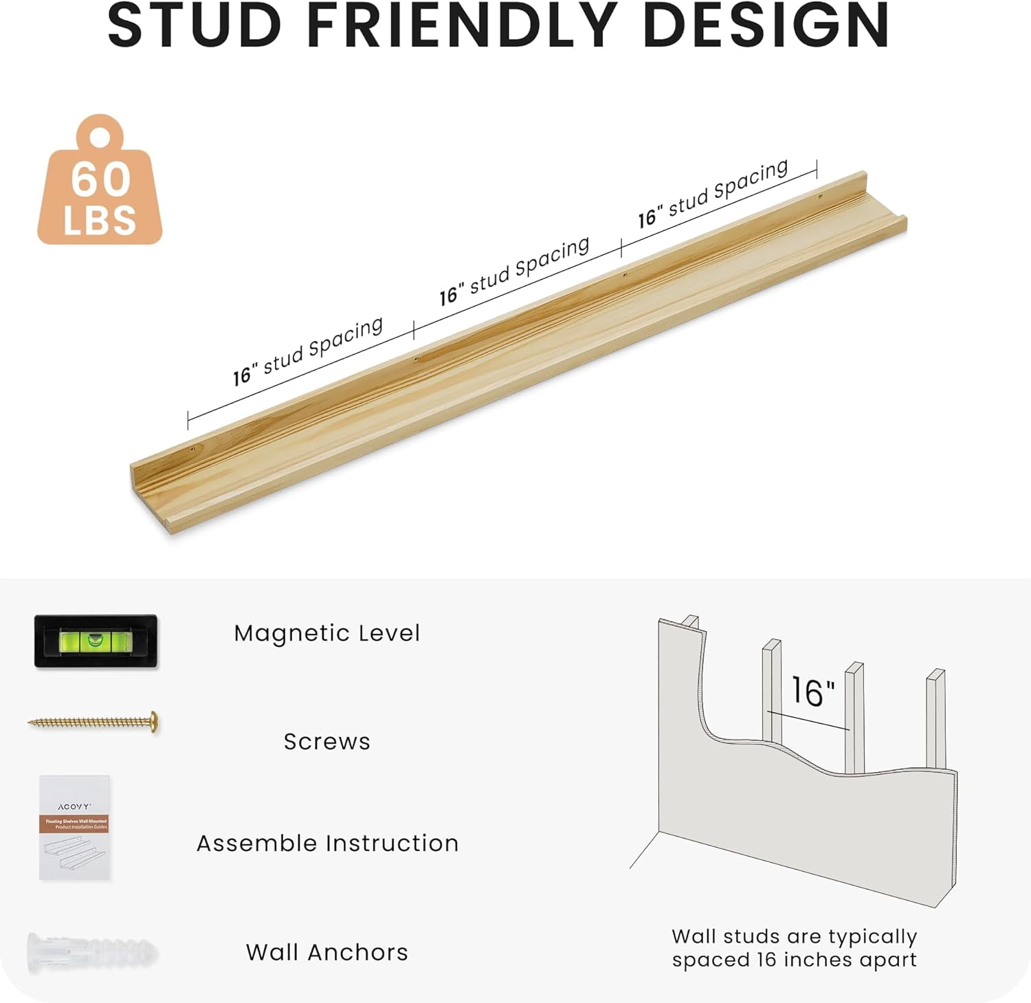 Long Floating Shelves for Wall, 56 inch Solid Wood Picture Ledge Shelf, Picture Shelf for Wall with Ledge, Floating Book Shelves for living room Bedroom Nursery Decor, Natural Finished, Set of 2