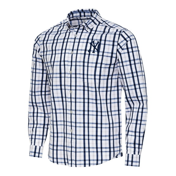 Men's Antigua Navy/White New York Yankees Tending Woven Tri-Blend Long Sleeve Button-Down Shirt