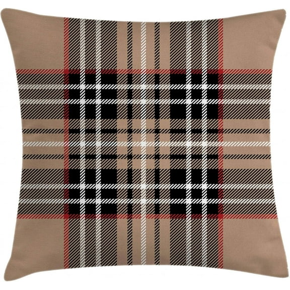 Checkered Throw Pillow Cushion Cover, Classical Tartan in British Style Design Geometric Ornament Striped, Decorative Square Accent Pillow Case, 16" X 16", Pale Brown Orange White