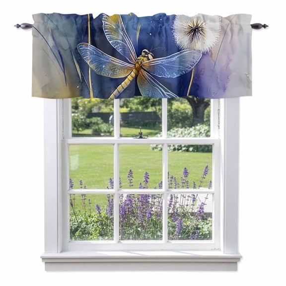 Purple Dragonfly Kitchen Curtain Valances for Windows Farmhouse Short Curtains, Watercolor Spring Summer Floral Rod Pocket Valance Curtain for Bedroom Cafe Living Room