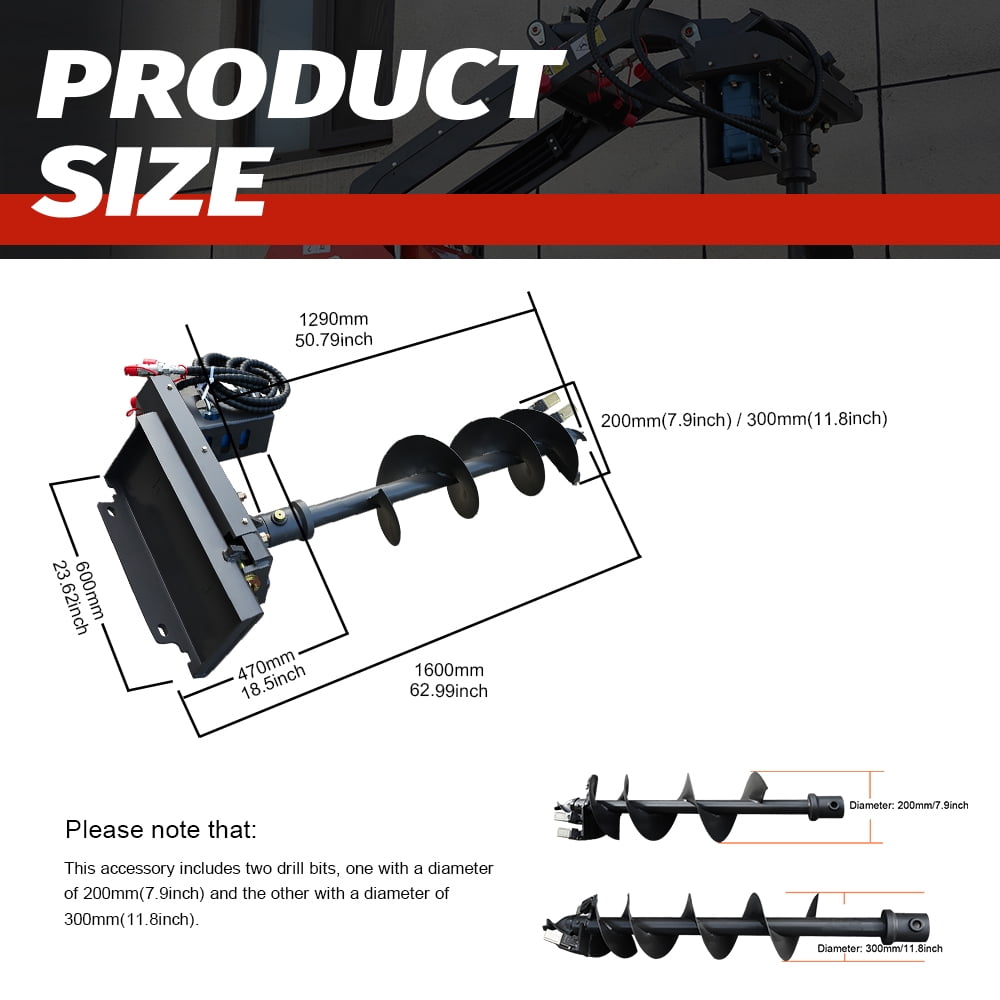 HUAYEE Mini Skid Steer Loader Auger Accessories With 7.87in/20cm & 11.81in/30cm. Dia. Drill, Heavy Duty Drill Bit Attachment, USA Stock, Mount: Length: 23.1in, Height:8.54in, Pin Distance:14.17in