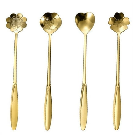 Stainless Steel Cherry Flower Gold Scoop Coffee Spoon Gift Kitchen Dessert Tea Accessories Tableware Decoration Set 13Cm,4 x Stainless steel cherry spoon,Golden