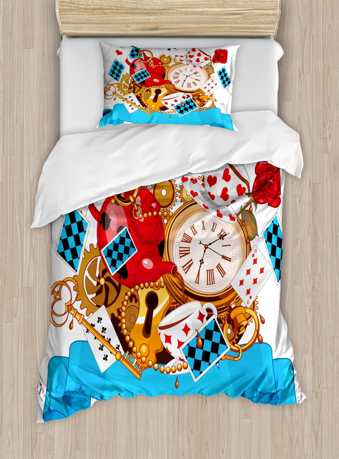 Mad Design of Cards Clocks Tea Pots Keys Flowers Fantasy World Artwork Ambesonne Alice in Wonderland Duvet Cover Set King Size Multicolor Decorative 3 Piece Bedding Set with 2 Pillow Shams