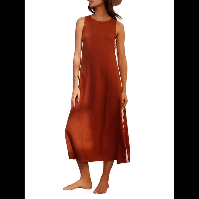 Vestido Informal de Mujer, Sin Mangas, Cuello Redondo, Color Liso, con Costuras de Encaje y Abertura, Medio. Color Café S