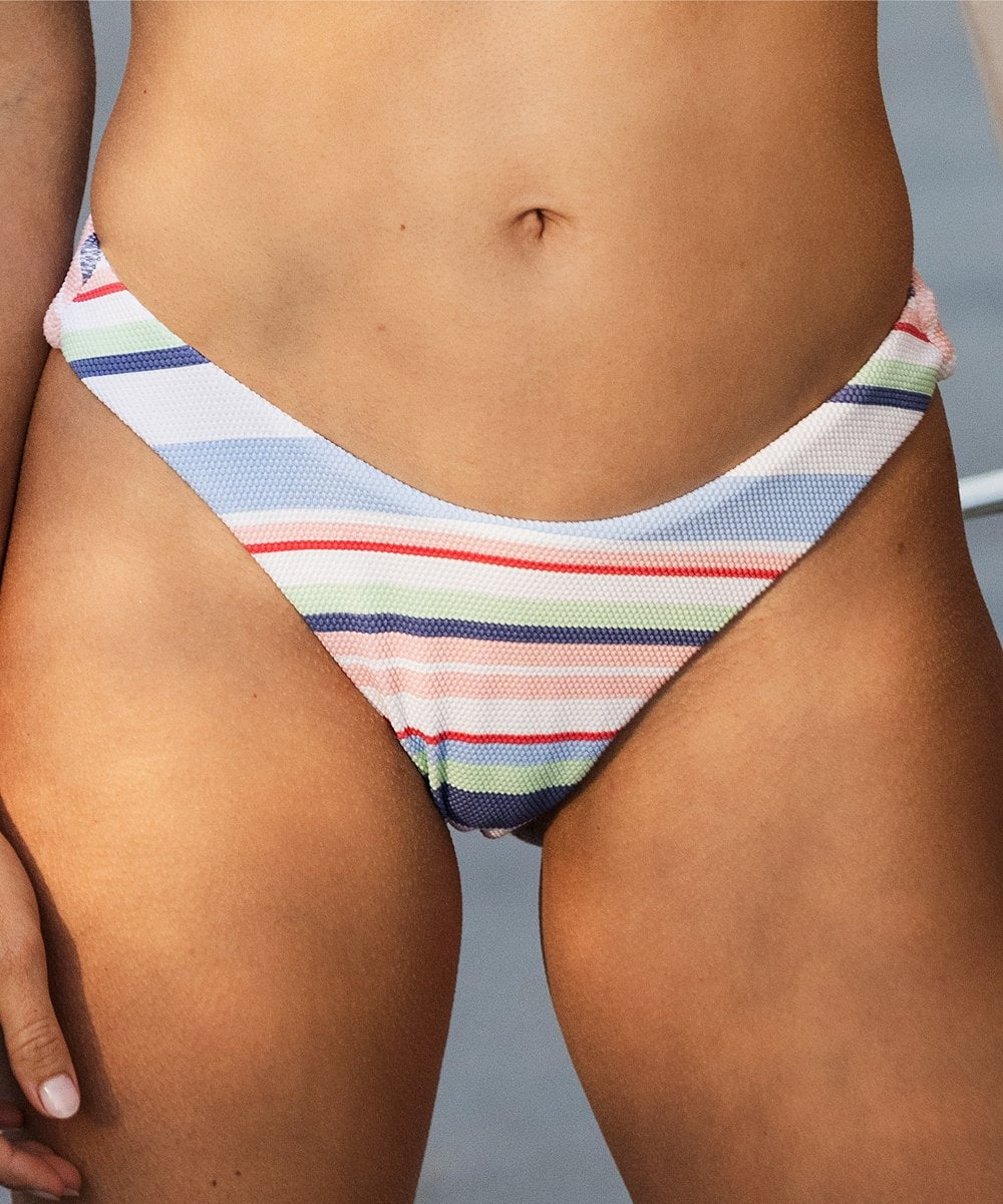 ◆ROCKCAKE◆ Pureline Logo Bikini Bottom White Roxy MULTI Bright White & Blue Stripe High-Leg Cheeky Bikini