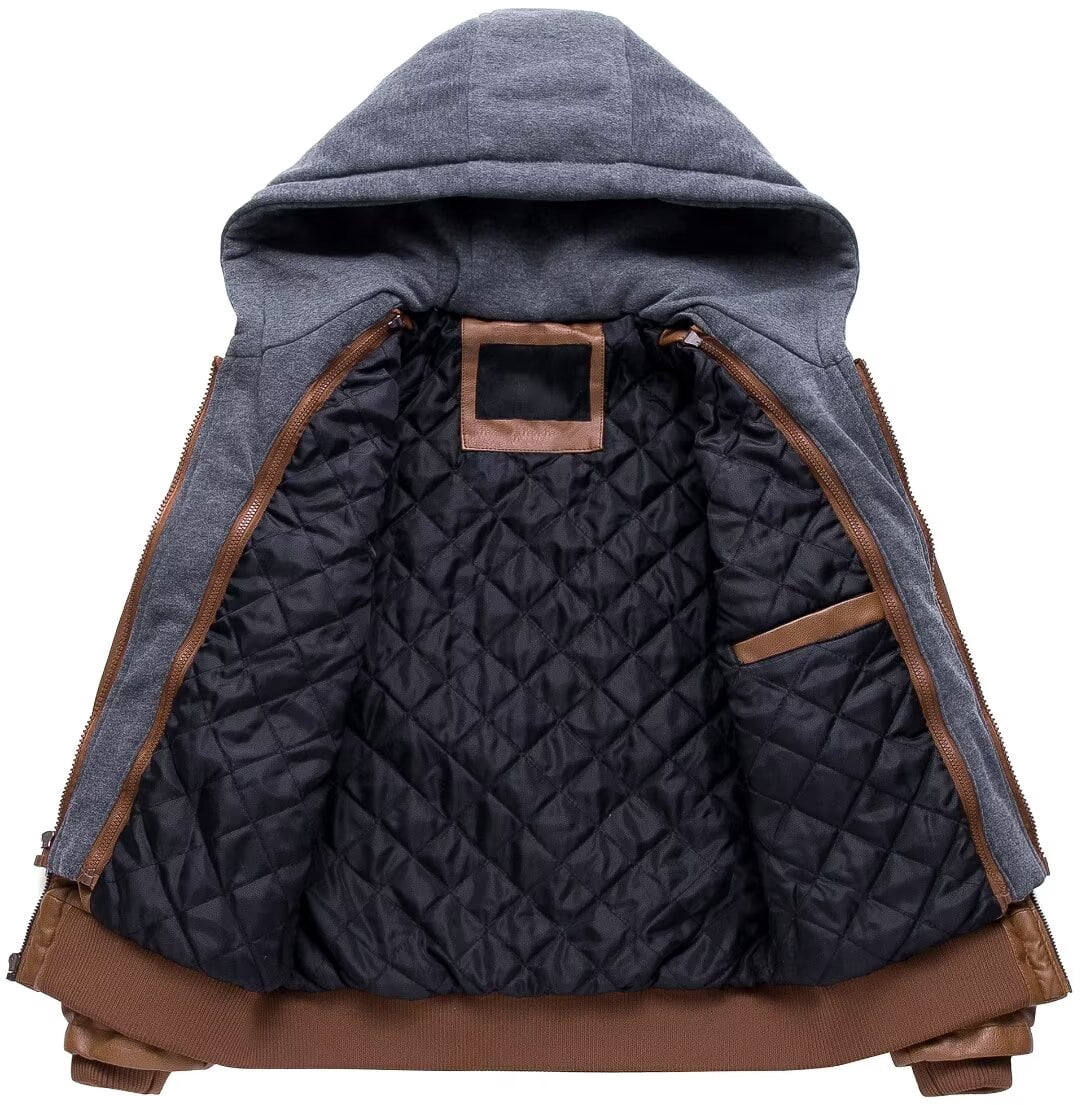 Chrisuno Men's Casual Full Zip Moto Pu Leather Quilted Bomber Jacket Brown 3XL