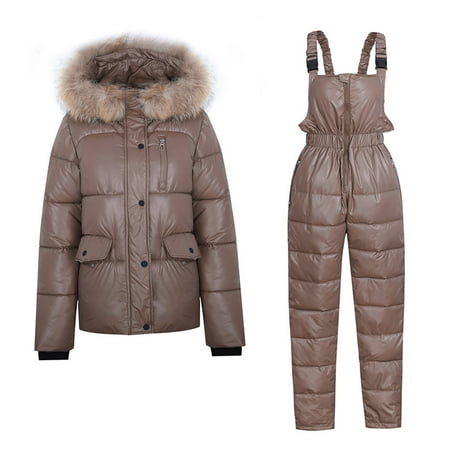Awdenio Two Piece Winter Outfits For Women 2023 Woman Winter Outdoor Snow Sports Jumpsuit Collar Coat Fashion Windproof Hooded Snowsuit