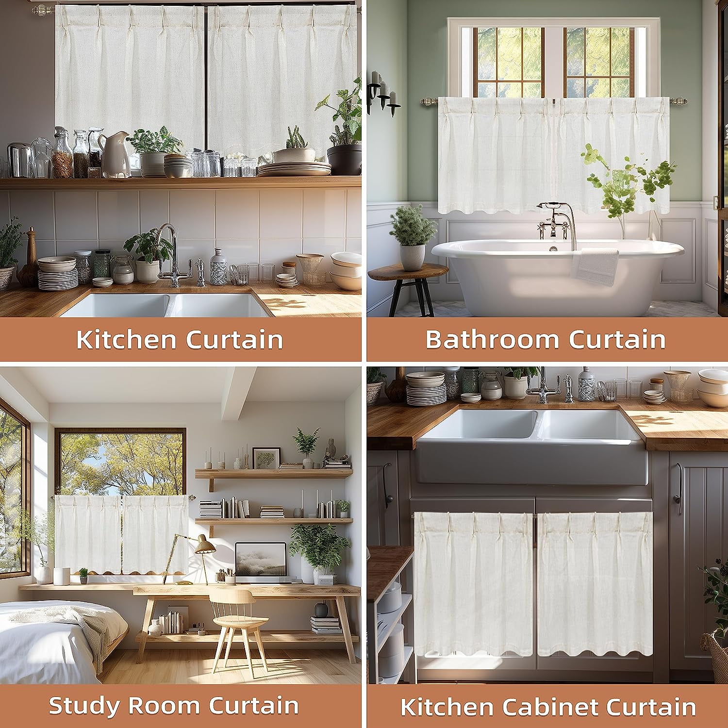DriftAway Pinch Pleat Kitchen Curtains Linen Textured Short Curtains for Small Window Bathroom Laundry Room 2 Panels Cafe Curtains Back Tabs Solid Farmhouse Rustic Curtains 30 x 36 Inches Light Linen