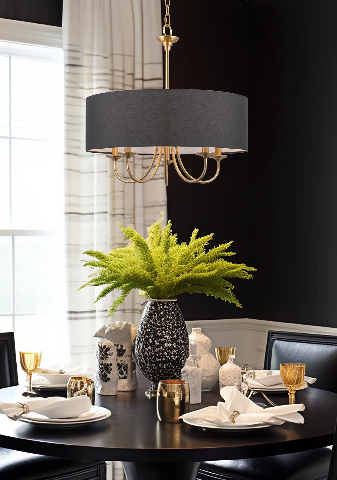 Kira Home Quinn 22" Drum Gold Chandelier, Black Linen Shade, Farmhouse Hanging Light, Black Drum Shade, Cool Brass