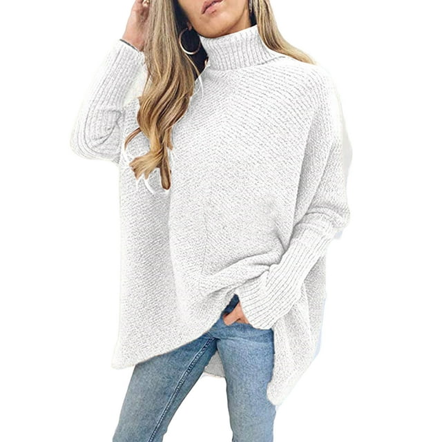 FOCUSNORM Women Solid/Contrast Color Sweater Bat Sleeve Irregular Hem Pullover