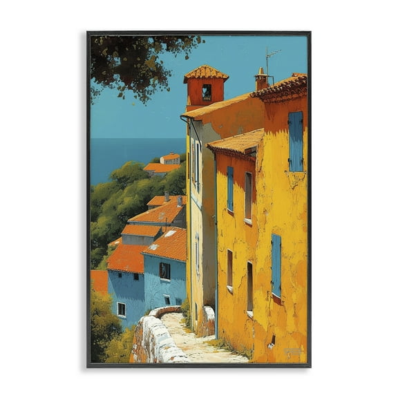 Stupell Industries Tall Buildings by Sea Buildings & Architecture Painting Black Framed Art Print Wall Art, 12 x 18