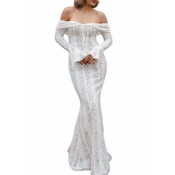 Women Elegant Off Shoulder Lace Bodycon Maxi Dress Bell Sleeve Mesh Sheer Mermaid Wedding Party Dress White S