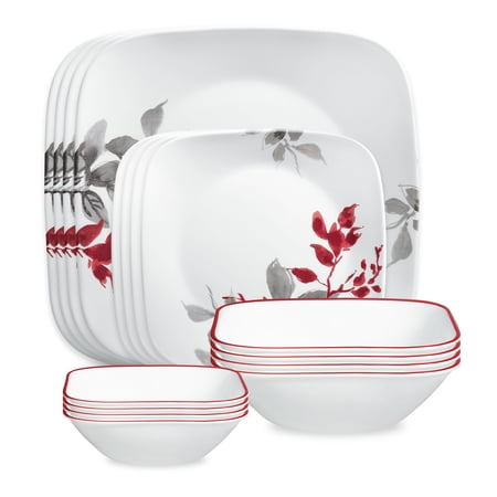 Corelle Kyoto Leaves 16-Piece Square Glass Dinnerware Set (Service for 4)