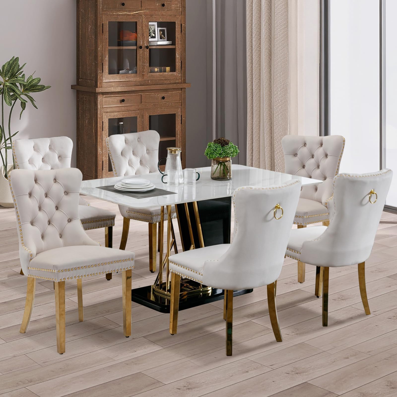 JESTOP Velvet Dining Chair Set of 4, Upholstered Tufted Dining Room Chair with Nailhead Trim, Solid Gold Plated Leg for Kitchen (Beige)