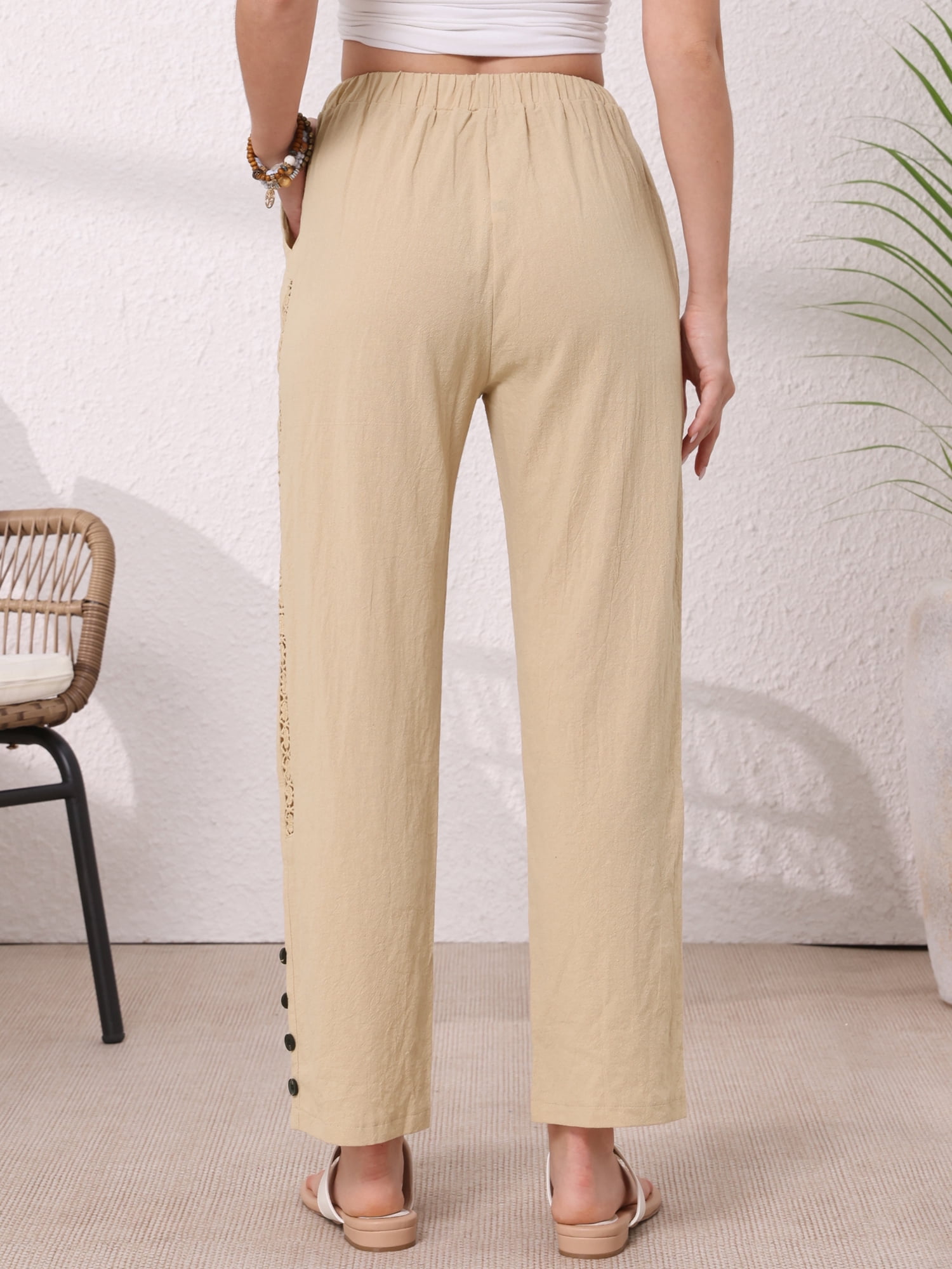 DARING DIVA Women's Linen Summer High Waist Drawstring Long Pants Medium Khaki