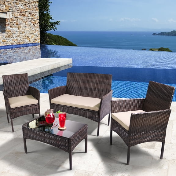 Simenmax Patio Furniture Set 4 Pieces, Outdoor Wicker Furniture with Coffee Table, Modern Rattan Patio Chairs Conversation Sets with Sofa for Garden, Terrace, Porch, Balconies, Lawns,Brown