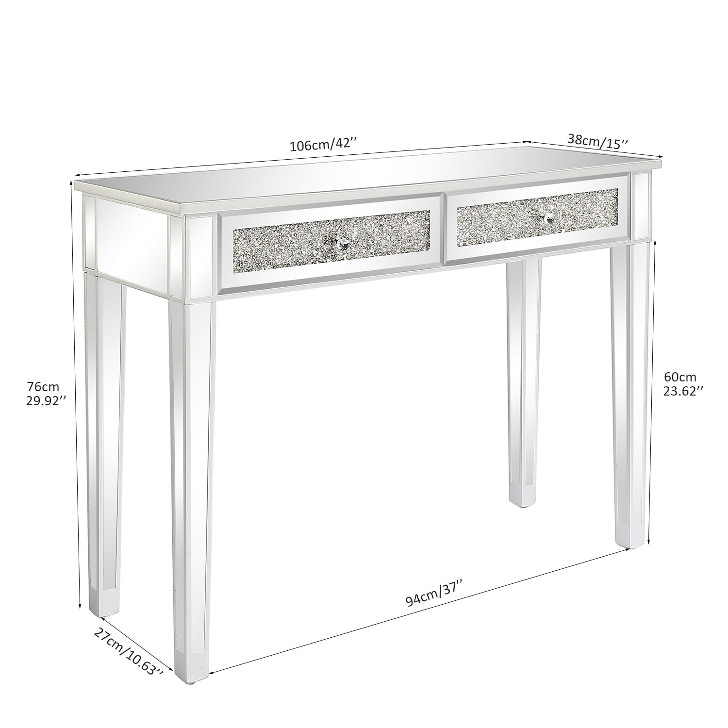 2-Drawer Modern Diamond-Embellished Mirrored Desk, Silver, 42 x 15 x 29.92 in