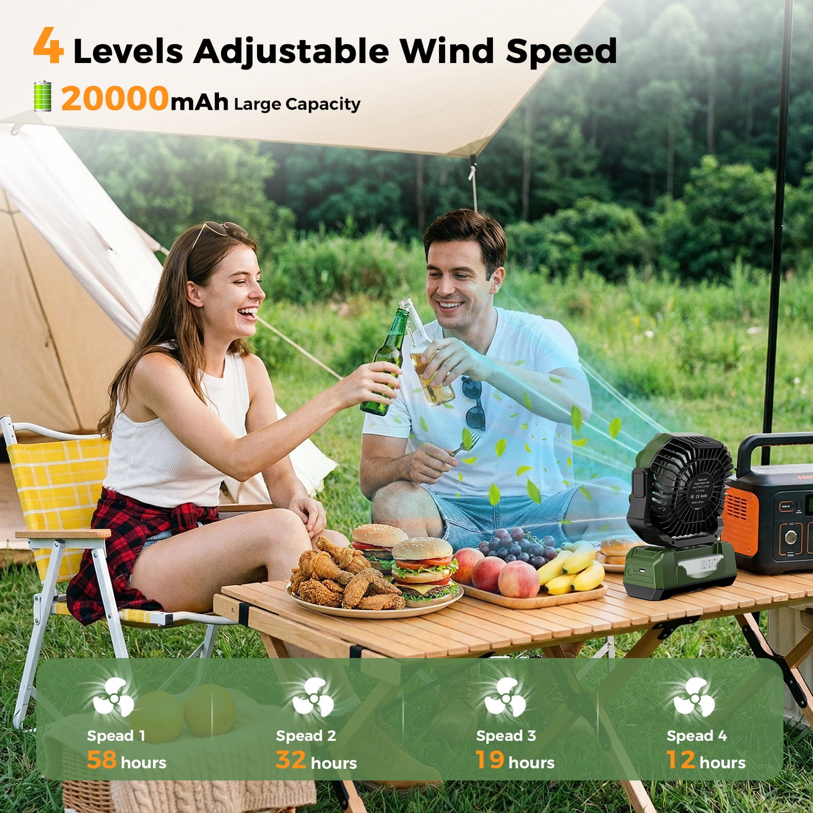 3-in-1 Camping Fan,Portable Fans Rechargeable , 20000mAh  Battery Powered Fanwith Light & Remote for Indoor, Outdoor, Tent, Travel, BBQ, Fishing, Jobsite - Green