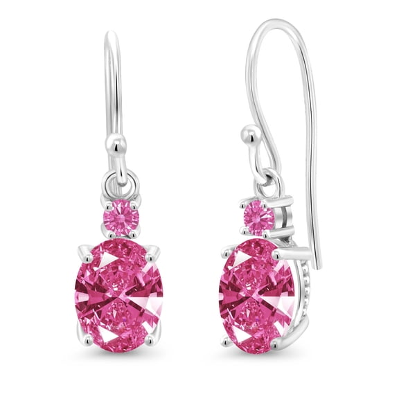Gem Stone King 10K White Gold Pink Zirconia and Pink Zirconia Dangle Earrings for Women Oval 8x6mm