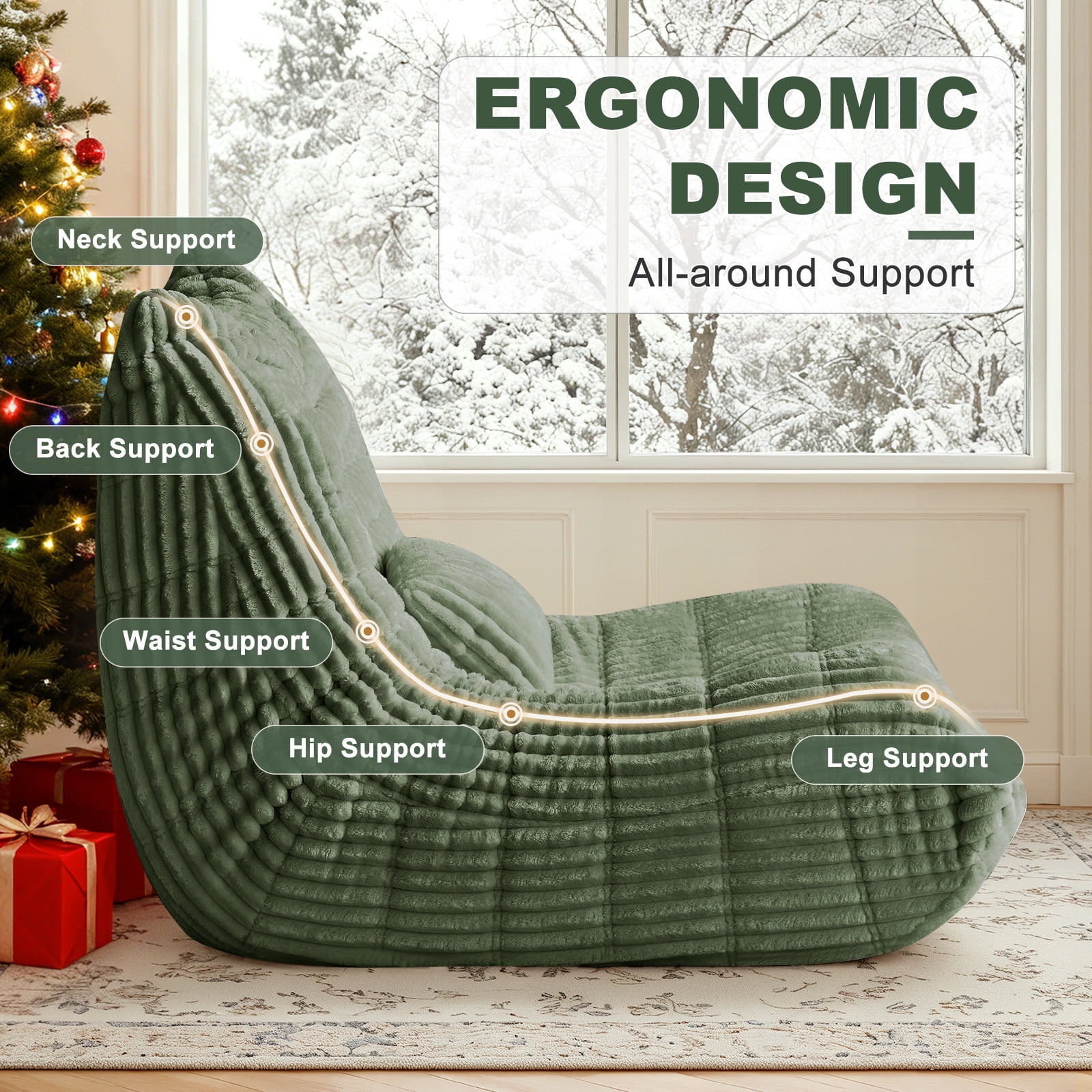 Bean Bag Chair for Adults with Lumbar support pillow Memory Foam Giant Bean Bag Sofa with Corduroy Material Lazy Sofa for Living Room Bedroom Dorm Office, Green