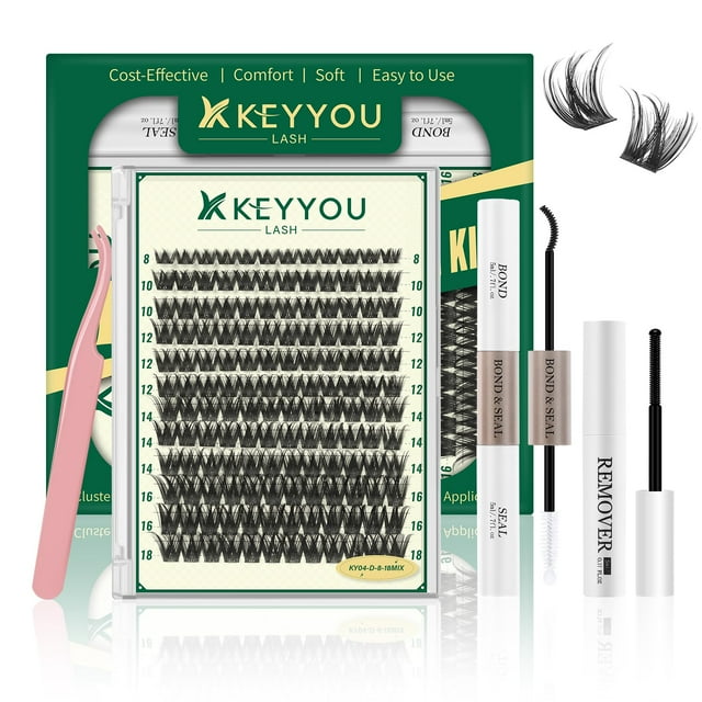 Kit de extensión de pestañas KEYYOULASH DIY, 144 unidades, 8-18 mm, con adhesivo y sello
