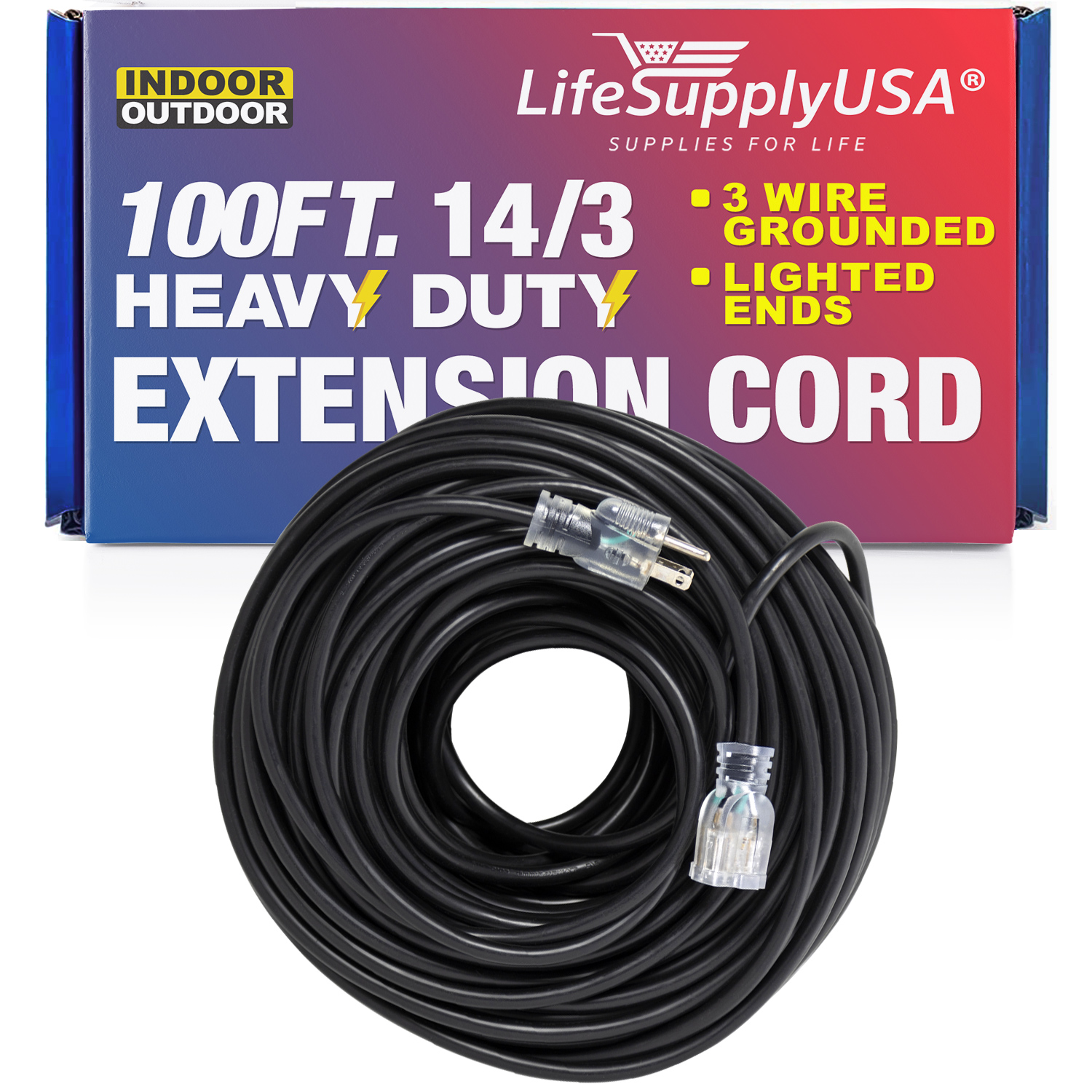 100 ft Power Extension Cord Outdoor & Indoor Heavy Duty 14 gauge/3