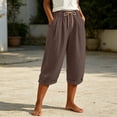 thumbnail image 2 of Women's Cotton Casual Capris with Drawstring Elastic Waist, Loose Fit Pockets for Women, Cropped Pants for Women Summer Lounge Beach, Capri Pants for Women | UKHCCC,Brown S, 2 of 7