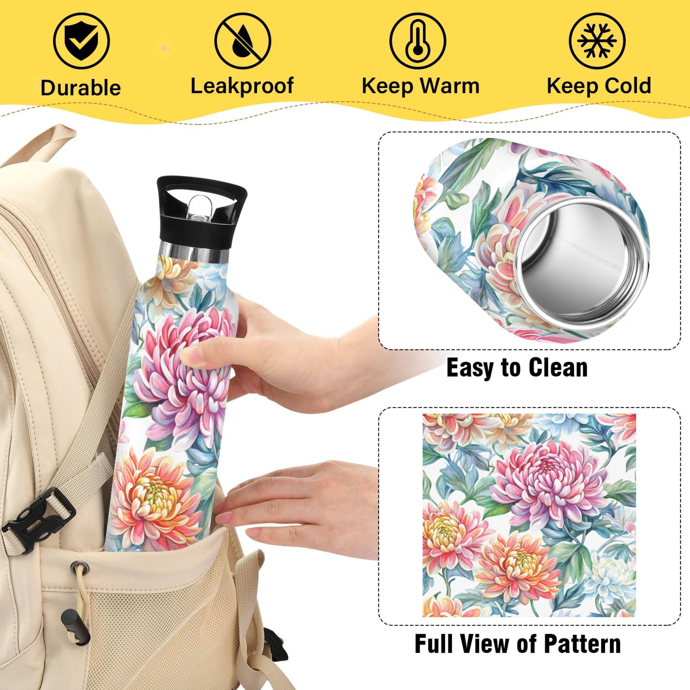 600ML Stainless Steel Insulated Cup Sports Water Bottle Portable Thermos Cup Water Glasses Insulated Tumblers Convenient and Durable Pink Chrysanthemums
