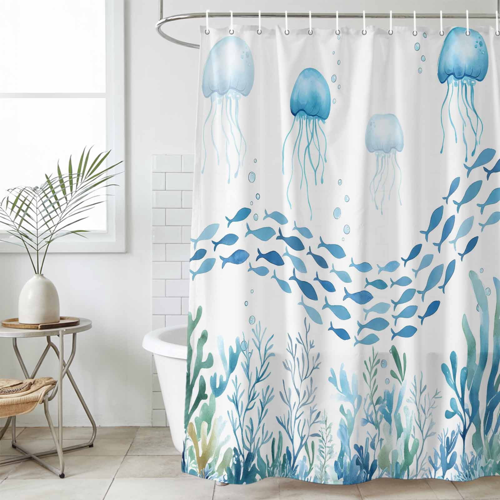 Shower Curtain Bathroom Set Underwater Life Octopus Fish Seaweed Waterproof Fabric Shower Curtains with Grommets&Hooks, Marine Theme Coral Privacy Bath Curtain for Bathtub 72x72in