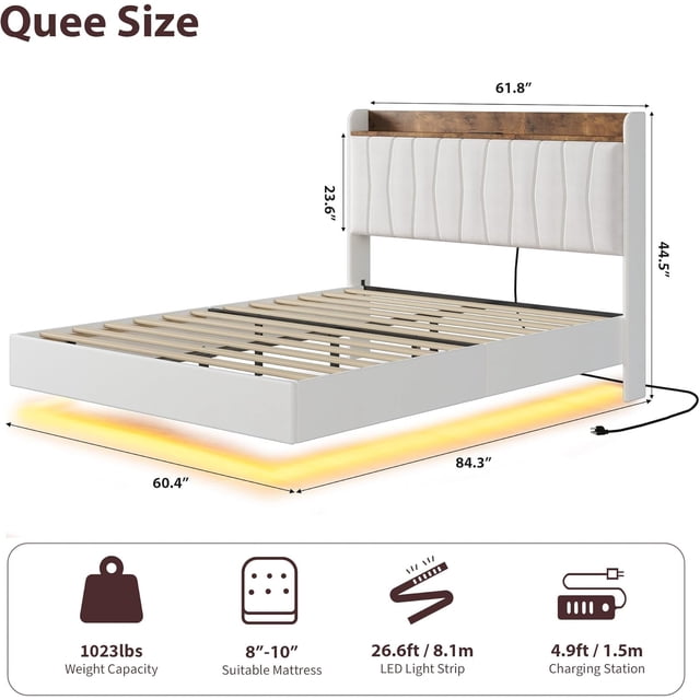 AKDSteel Floating Bed Frame With Upholstered Storage Headboard, Platform Design With Charging Station And Led Lights, Linen Fabric, No Box Spring Needed